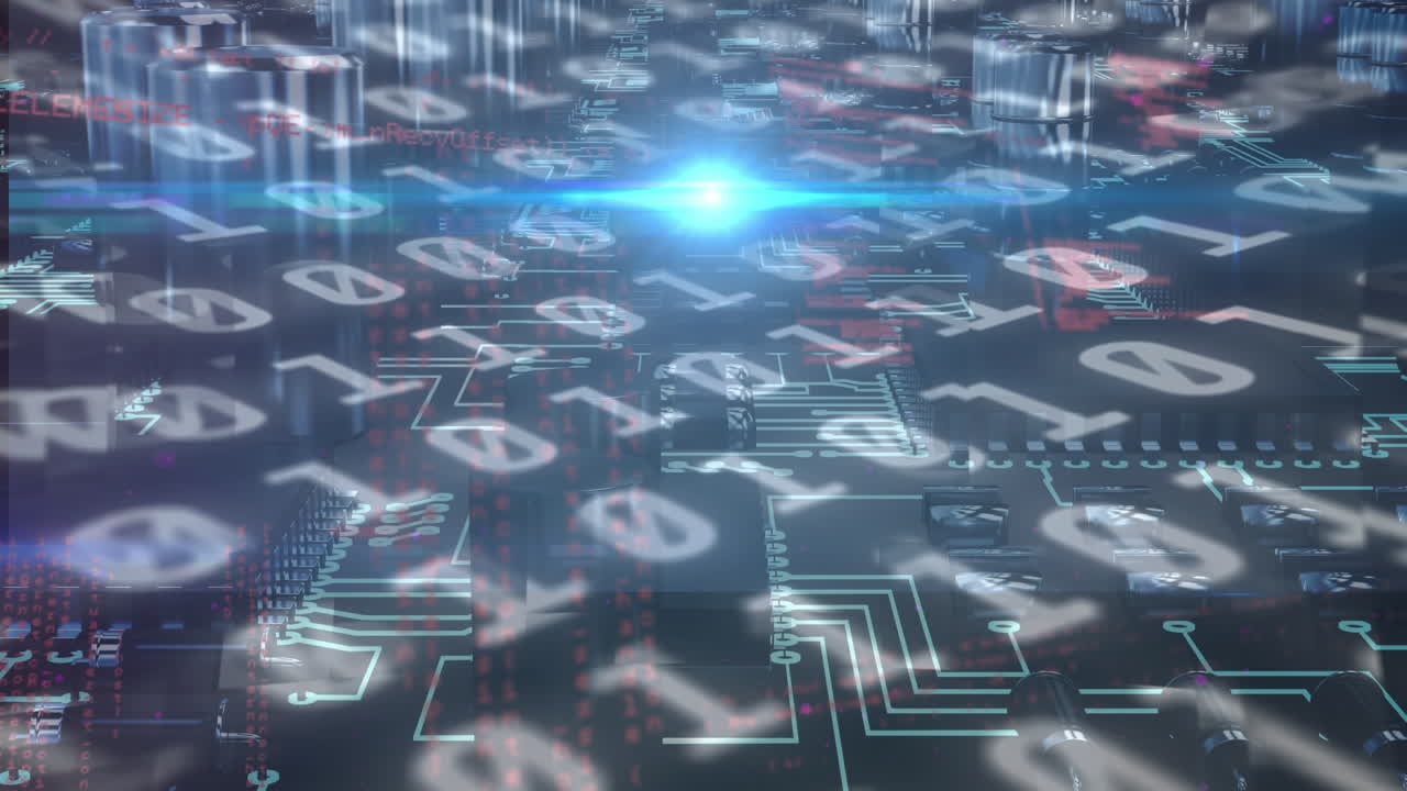 바이너리 코딩의 애니메이션, 빛나는 컴퓨터 회로판에서 데이터 처리