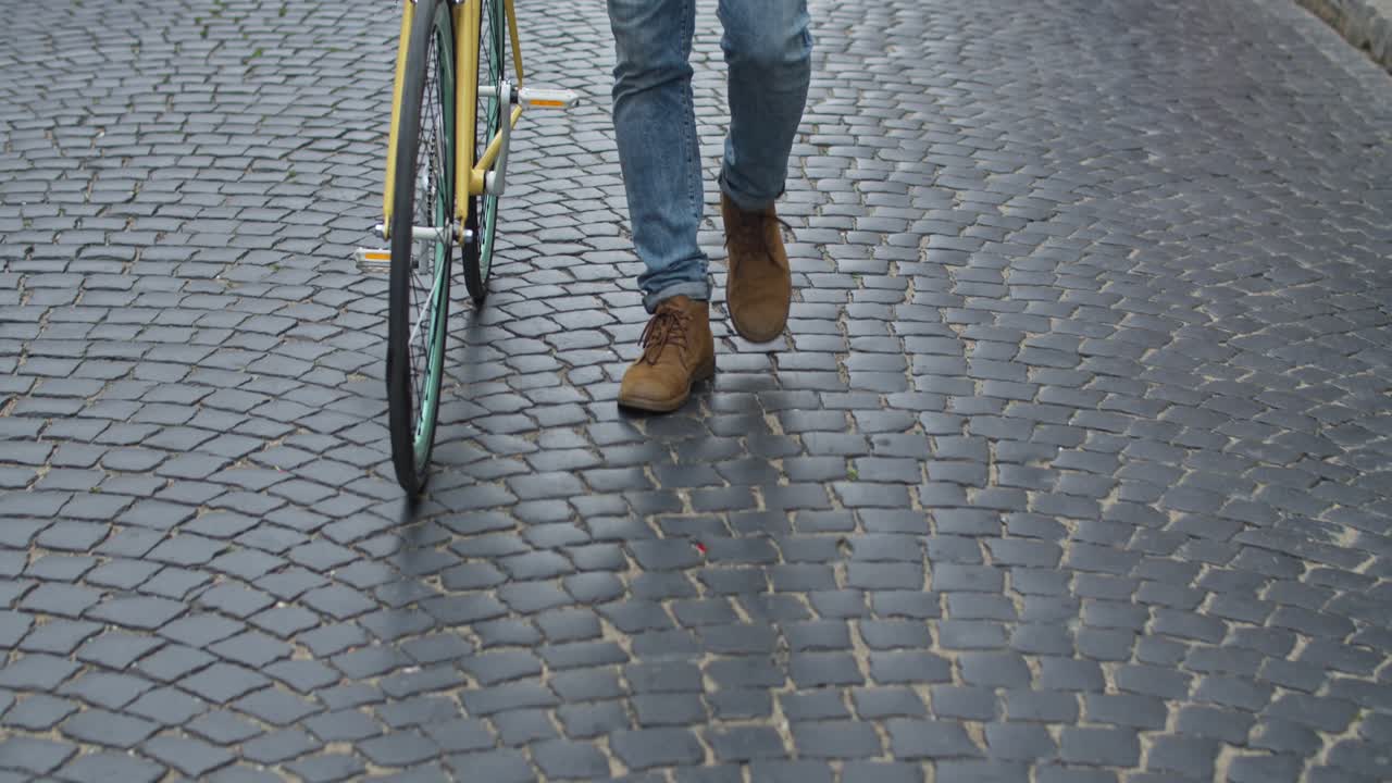 Person with Bicycle on Cobblestone Street
