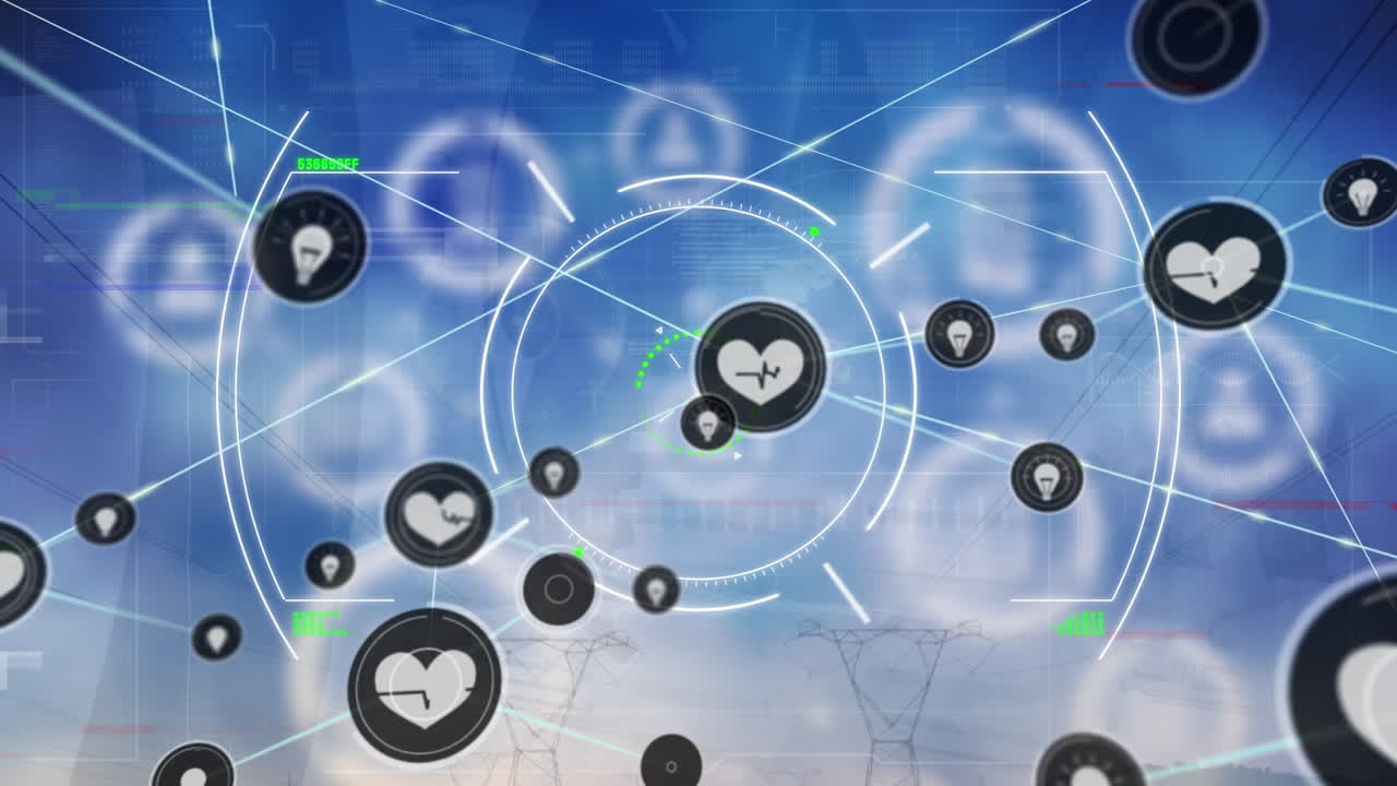 블루 배경에 디지털 아이콘 네트워크를 통해 글리치 효과와 범위 스캔의 애니메이션