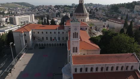 Clock-tower-and-courtyard-of-ancient-convent,-now-museum-in-Nazareth