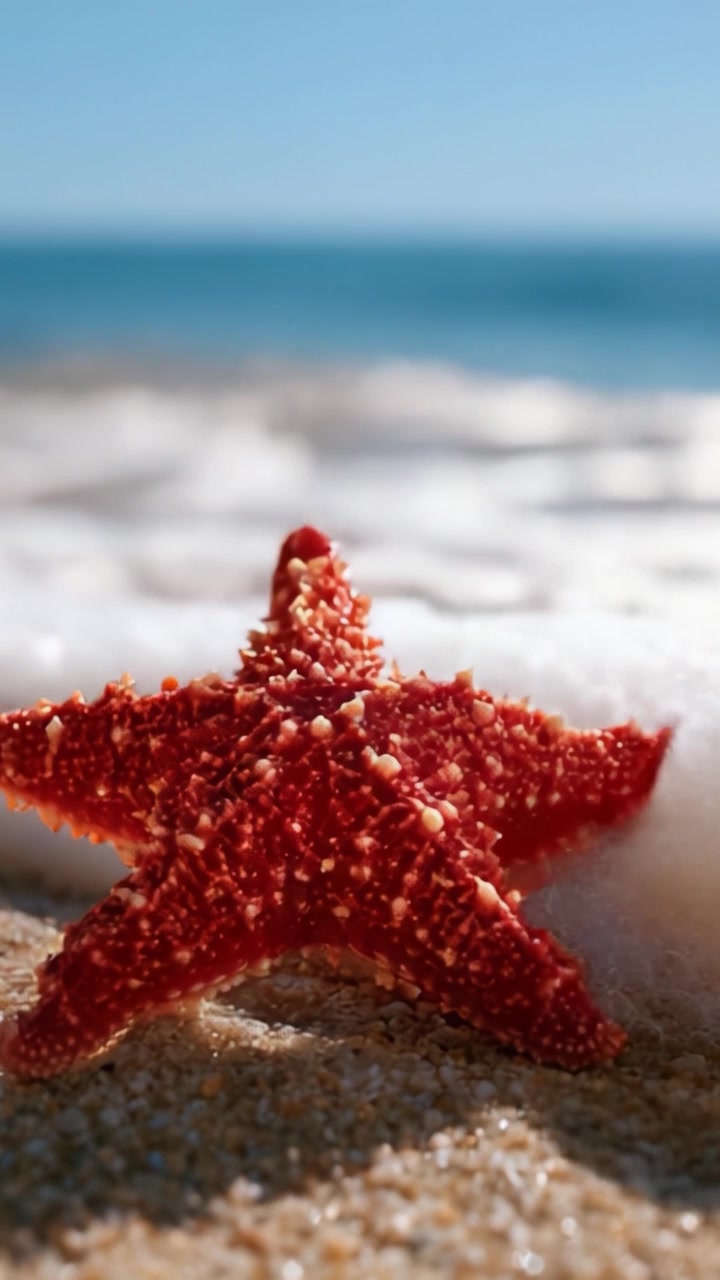Una bellissima stella marina rossa su una spiaggia sabbiosa con le onde che lambiscono dolcemente sullo sfondo, mettendo in mostra le meraviglie sottomarine della natura e la serenità costiera.