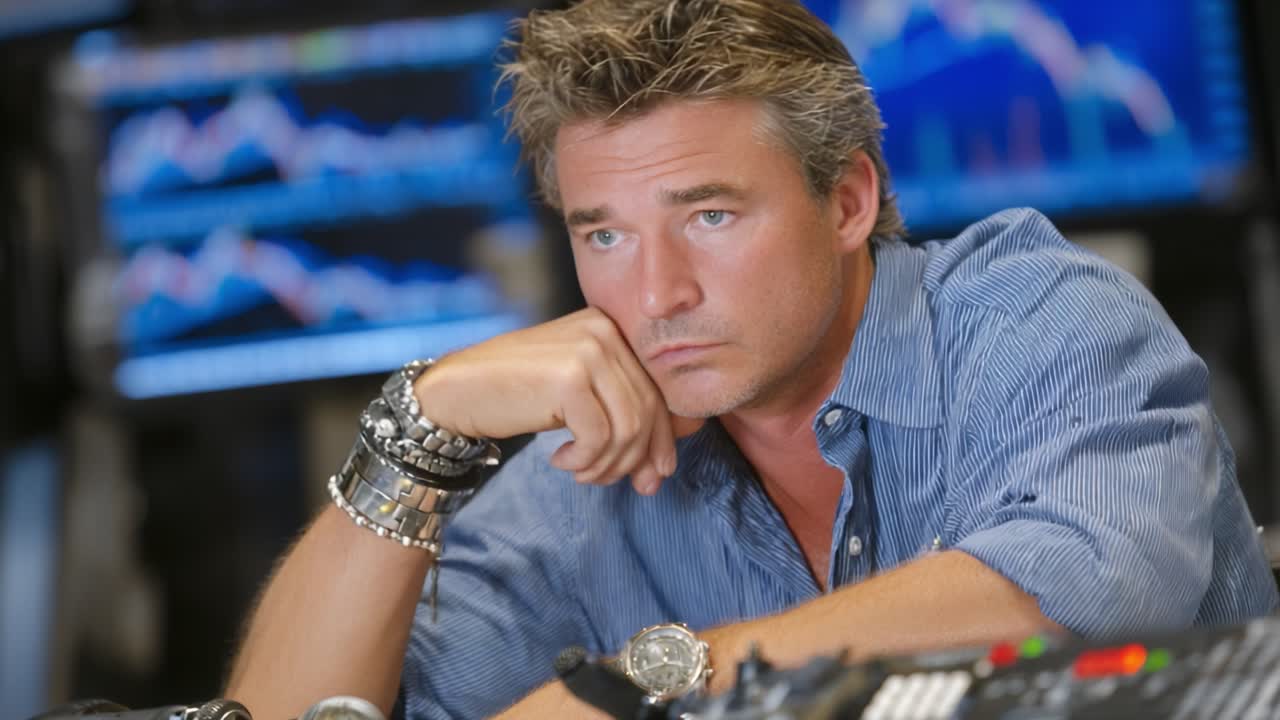 A Focused Trader Analyzing Market Trends with Intensity and Determination in a Busy Trading Environment