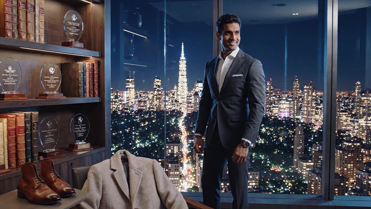 Uomo elegantemente vestito in piedi davanti a uno skyline in un ufficio di lusso con premi e accessori di moda che evidenziano eleganza e ambizione
