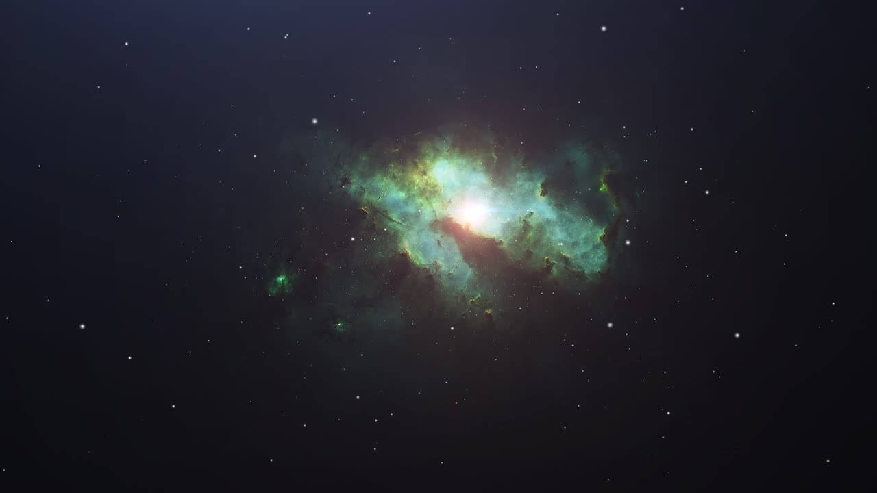 green nebula with bright stars moving in space