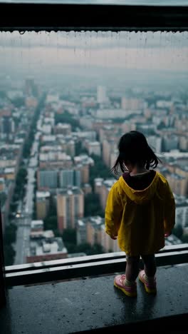 child looking at city view on a rainy day