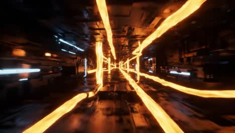 a dynamic journey through a futuristic landscape illuminated by fiery streams and high-tech ambiance in a visually stunning cyber environment