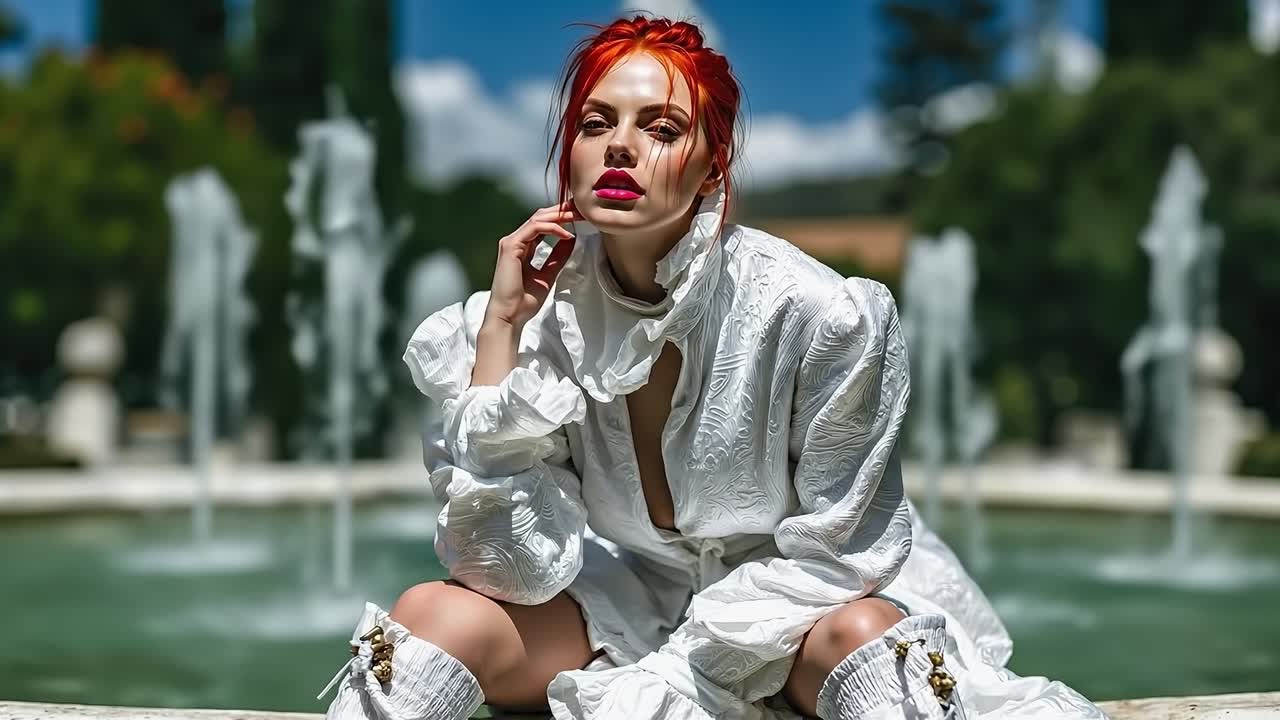 A woman with red hair sitting on a ledge in front of a fountain