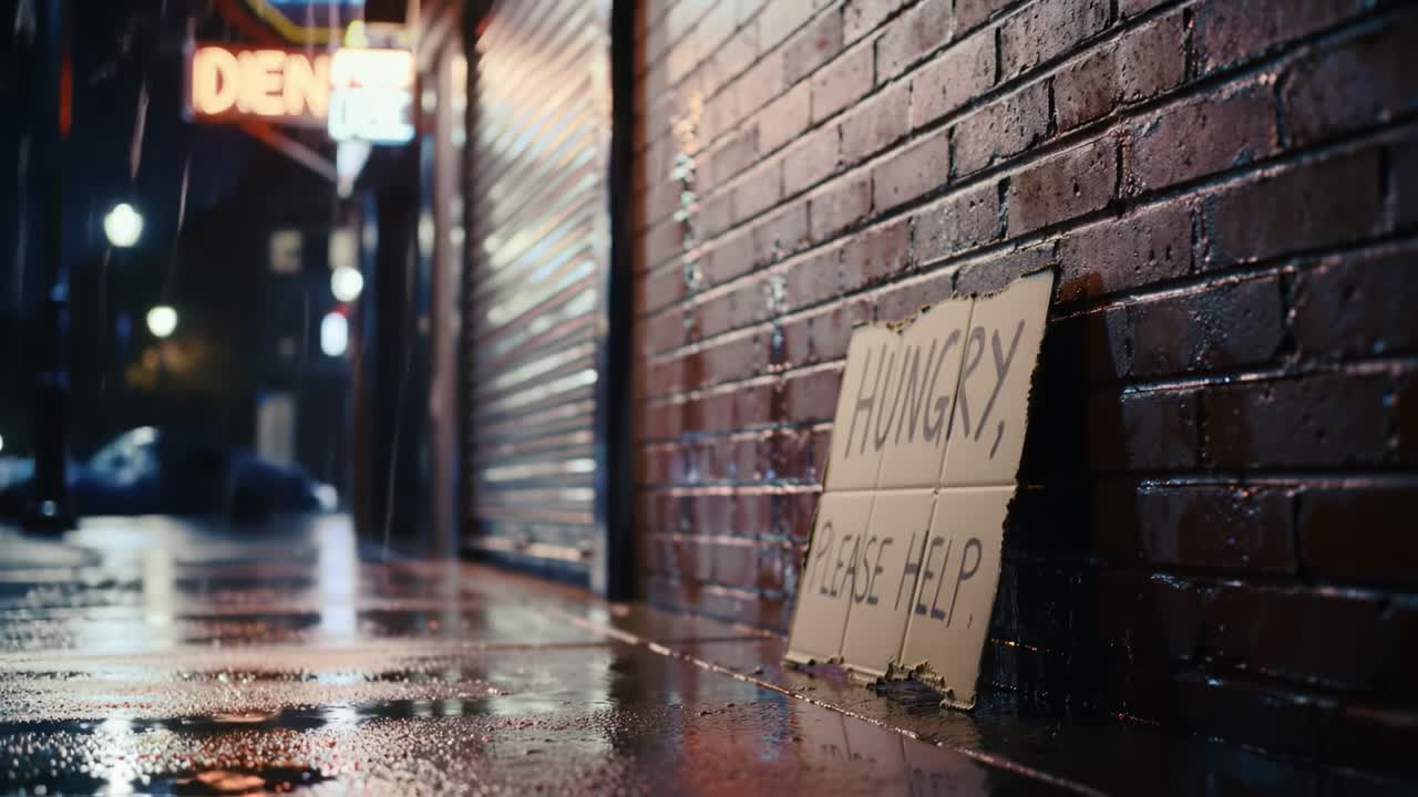 A poignant scene illuminated by neon lights, depicting a plea for help reflecting the struggles of those facing hunger and homelessness in a rainy urban night setting.
