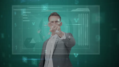 hombre de negocios tocando la pantalla futurista