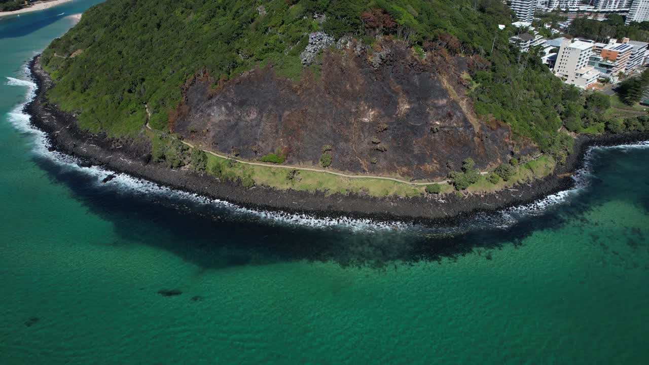 A Part Of The Forest Burned At Burleigh Mountain On The Gold Coast, Queensland, Australia. Aerial Drone Shot