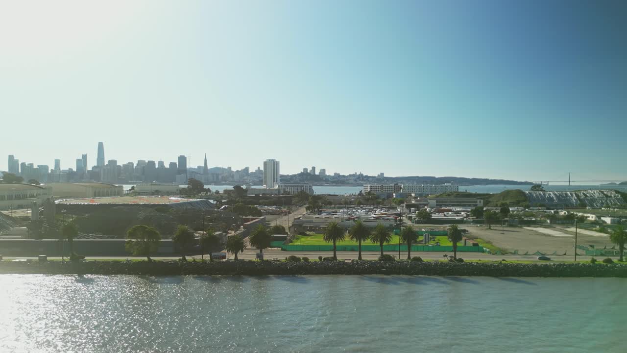 Aerial drone view of Treasure Island reveals its unique layout surrounded by shimmering waters.