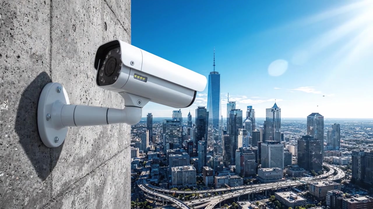 Overview of a High-Tech Surveillance Camera Overlooking a Modern Urban Skyline Featuring Tall Buildings and Clear Skies