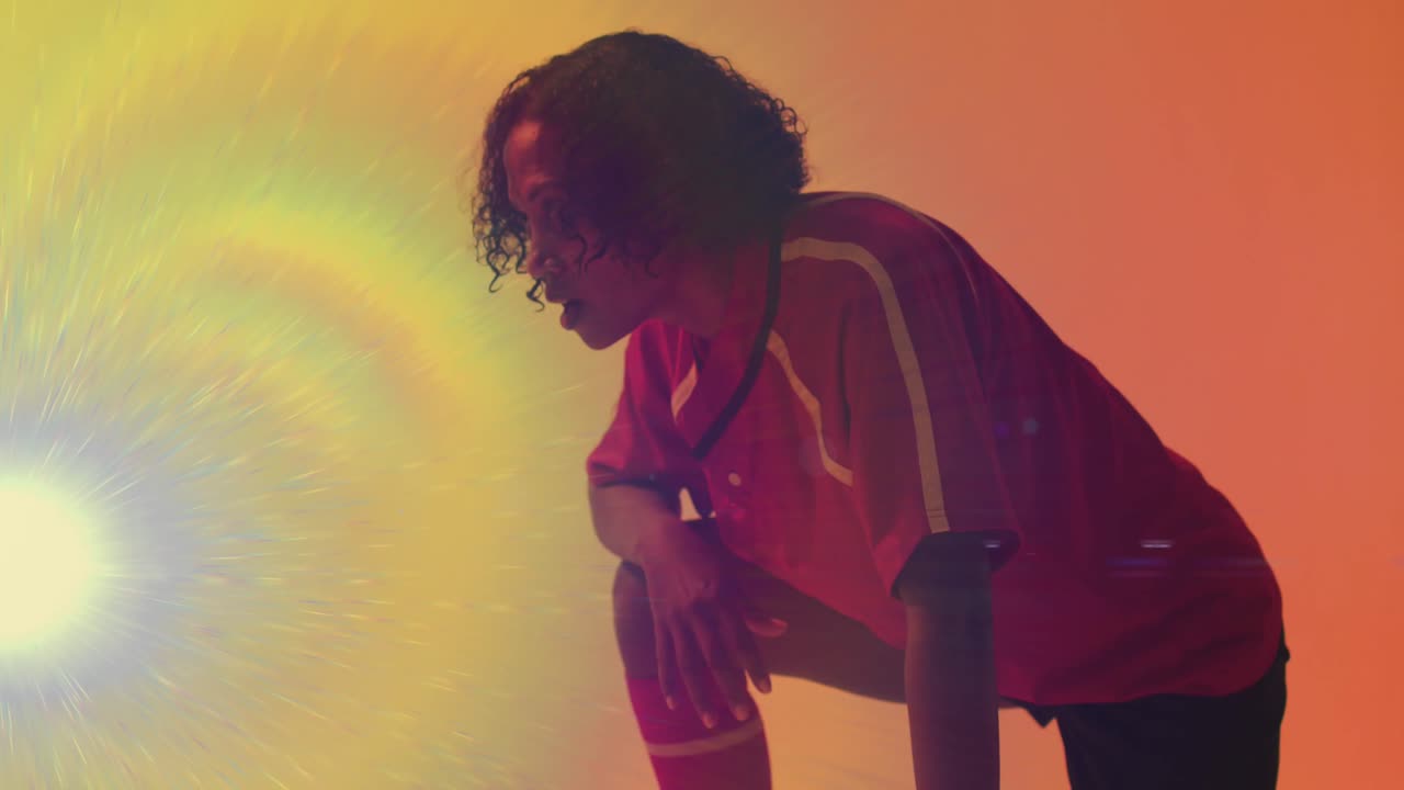 animación de luz parpadeante sobre una jugadora de rugby femenina en fondo de neón.