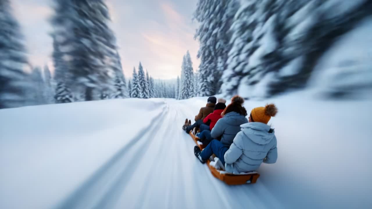 A thrilling winter adventure unfolds as a group of friends slide down a snowy slope on sleds, surrounded by towering evergreens and a breathtaking winter landscape, capturing the joy of the season