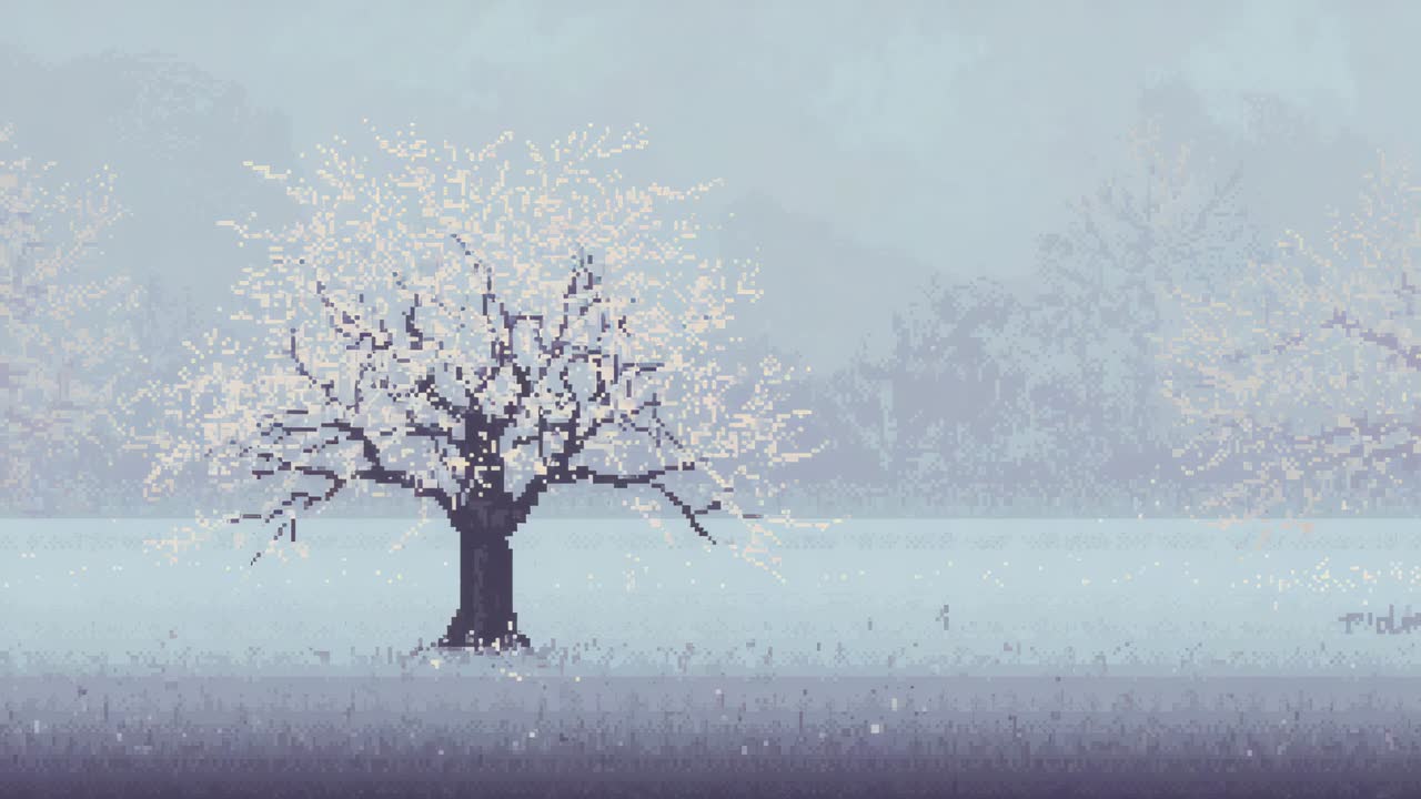 Panning left, camera revealing central deciduous tree while uncovering left neighbor, snow falling