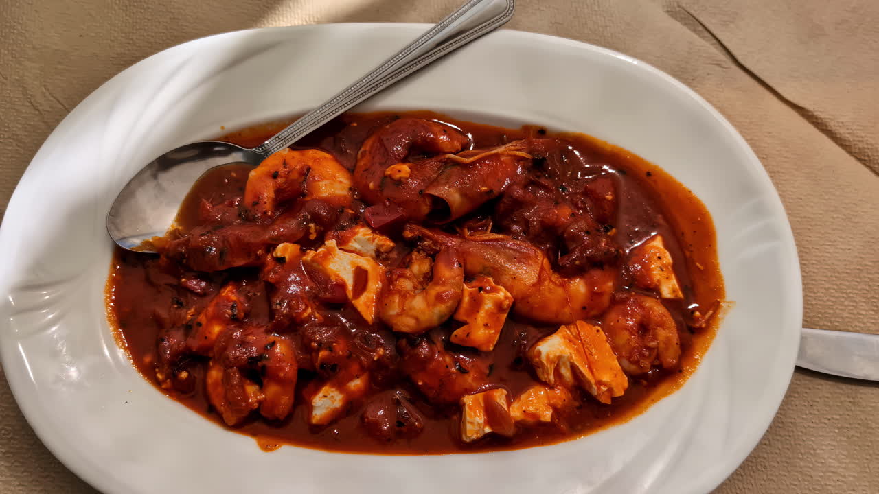 Close up of red lentil stew served in brown dish with spices visible and shrimp seafood bits