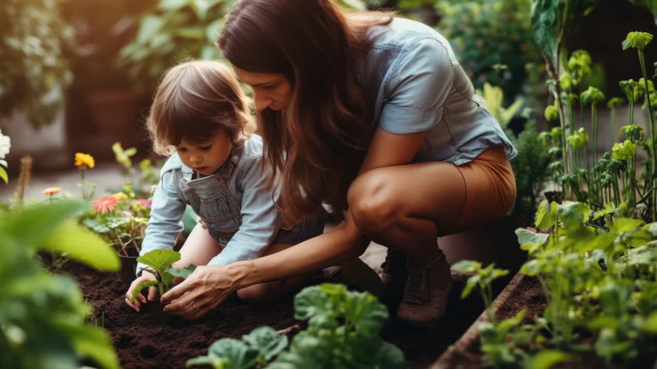 A warm, intimate video scene of a mother and child gardening, captured from a low angle