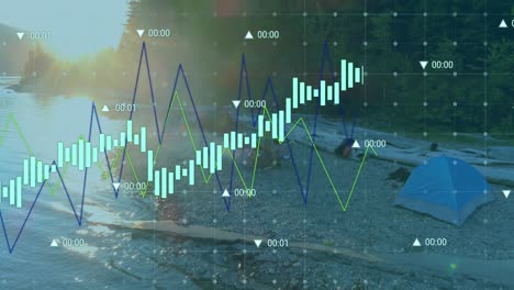 animation of financial data processing over camp and river