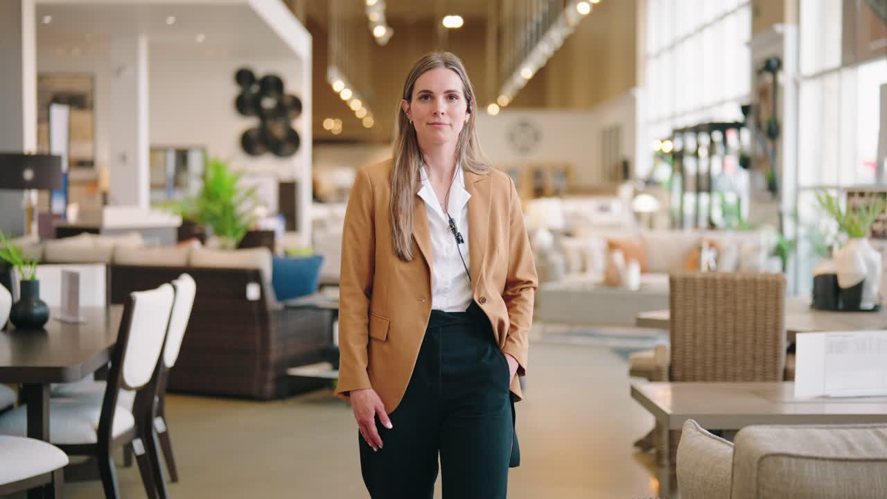 Confident businesswoman strides aisle in slow motion, head held high