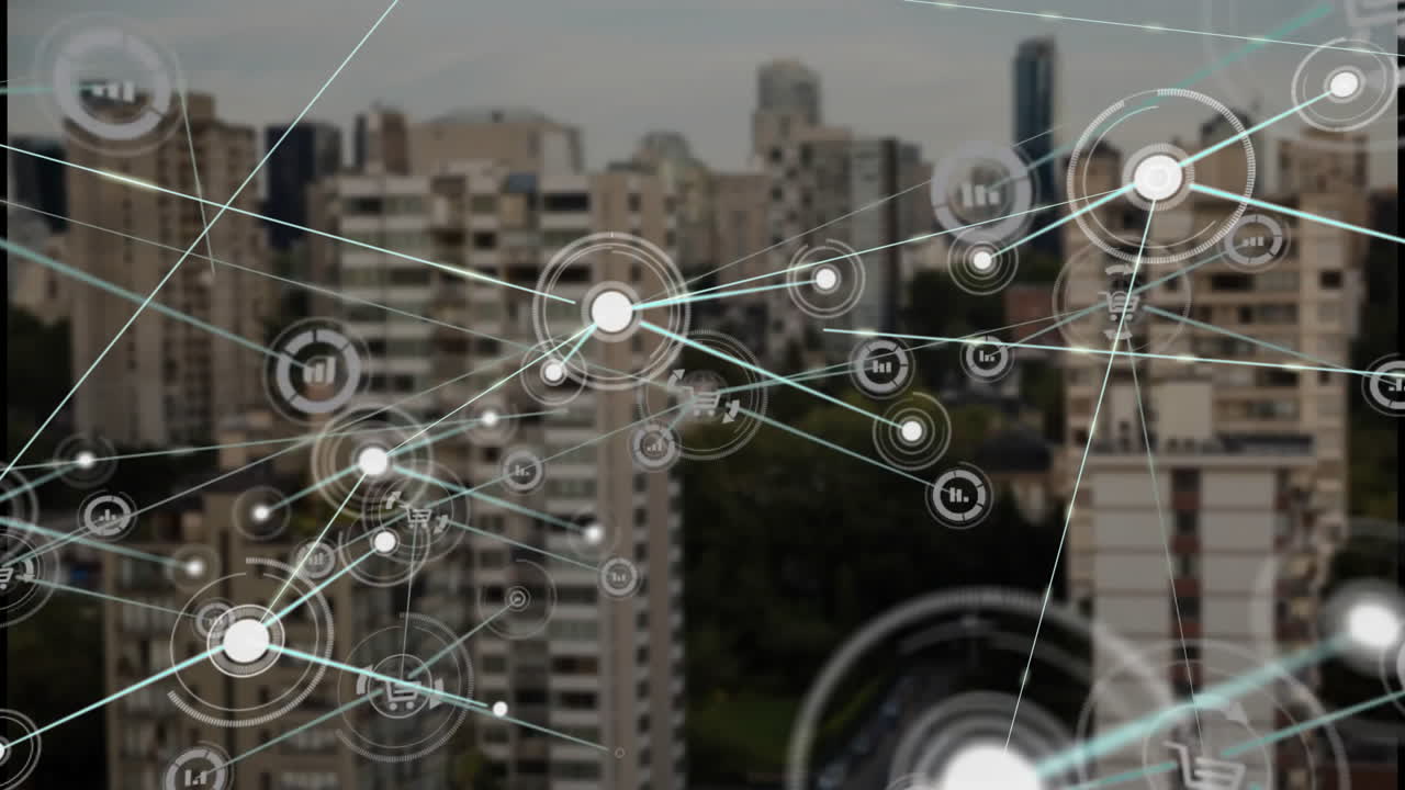 Animation of network of connections over cityscape
