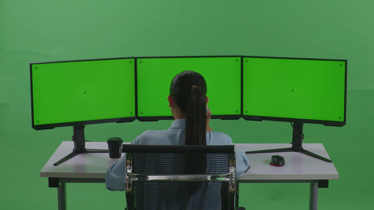 녹색 스크린 스튜디오에서 여러 컴퓨터 모니터를 모방하여 작업하는 동안 휴대 전화로 대화하는 아시아 여성의 뒷면