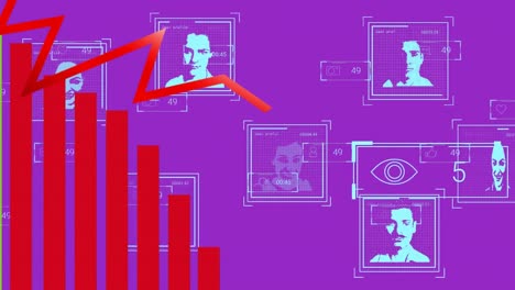 animation of financial data processing and people portraits on purple background