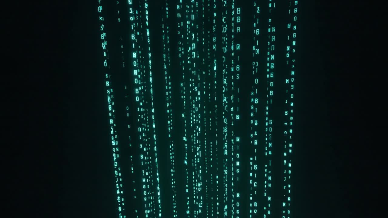 Shifting perspective moving glowing cyan glyph columns through virtual void, creating motion