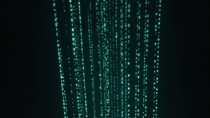 Shifting perspective moving glowing cyan glyph columns through virtual void, creating motion