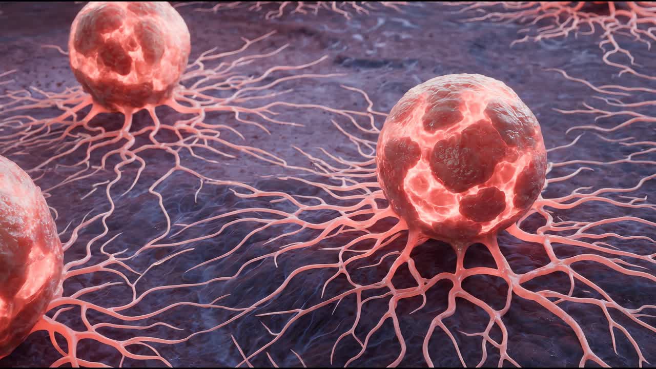 Cellule tumorali che si diffondono sulla superficie del tessuto con strutture ramificate che illustrano il concetto di crescita tumorale.