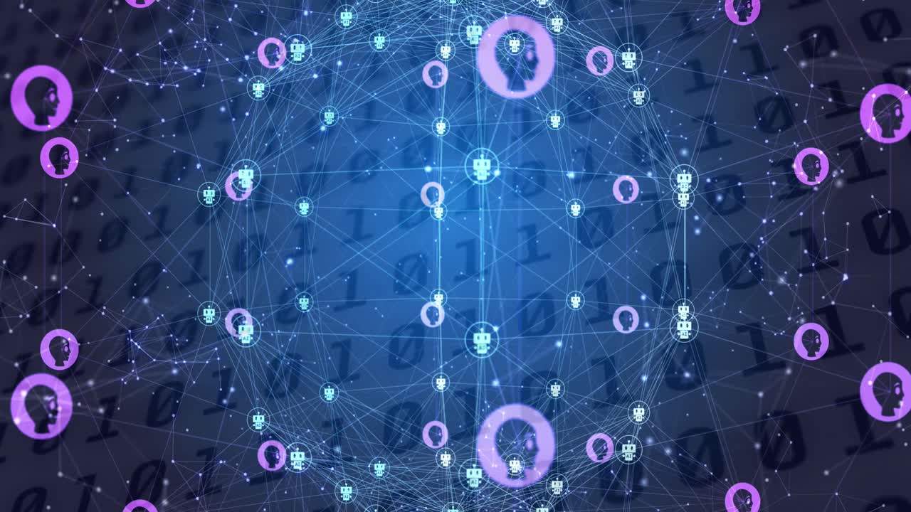 animación del procesamiento de datos de la ia a través de la codificación binaria, conexiones con iconos de la ia