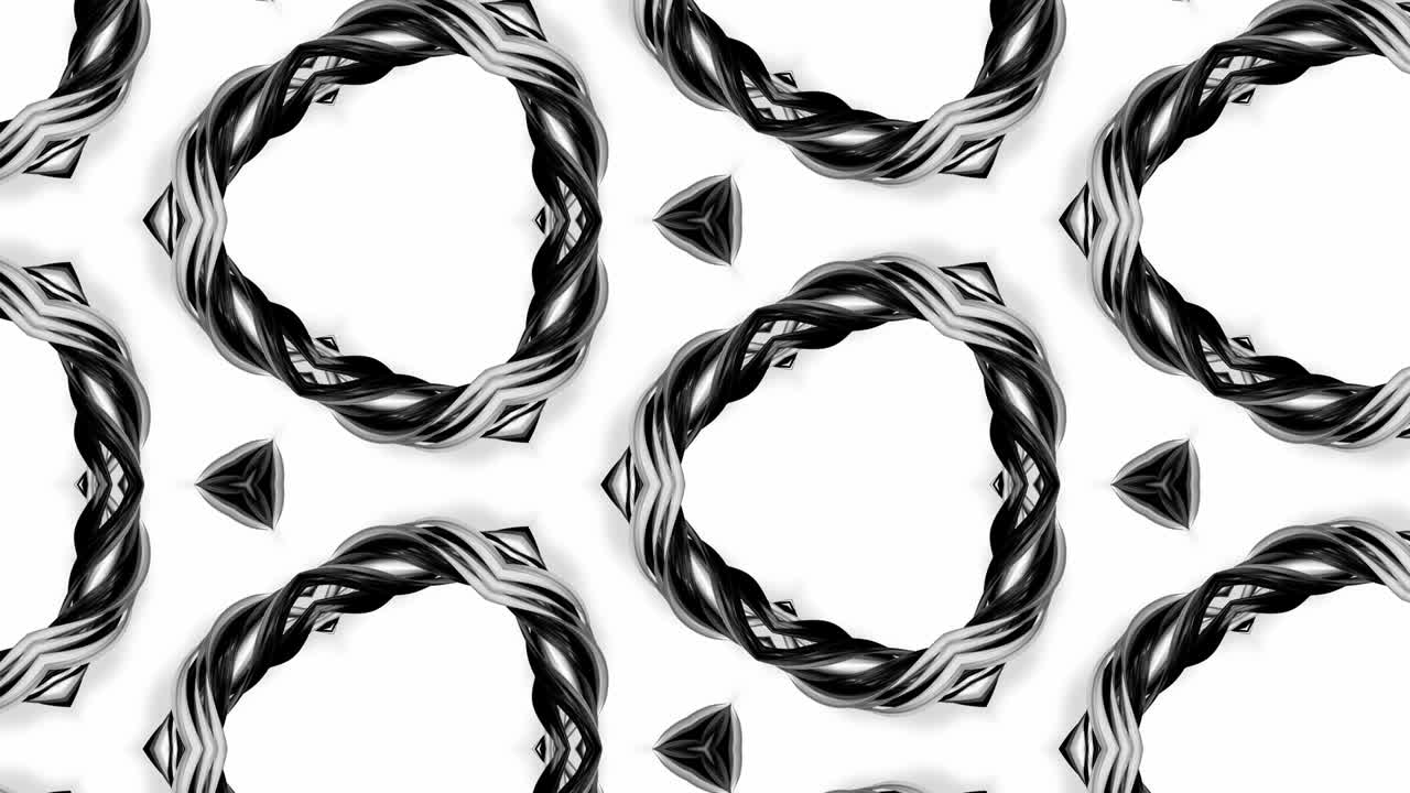 animación en bucle sin costuras de 4k de patrón en blanco y negro con cintas son retorcidas y forman estructuras complejas como patrón de adorno simétrico o caleidoscópico