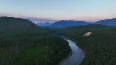 scenery of north fork flathead river surrounded with lush vegetation in montana during sunset - aerial drone shot