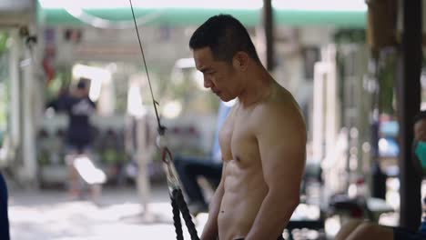 Muscular man performing tricep exercises at the gym