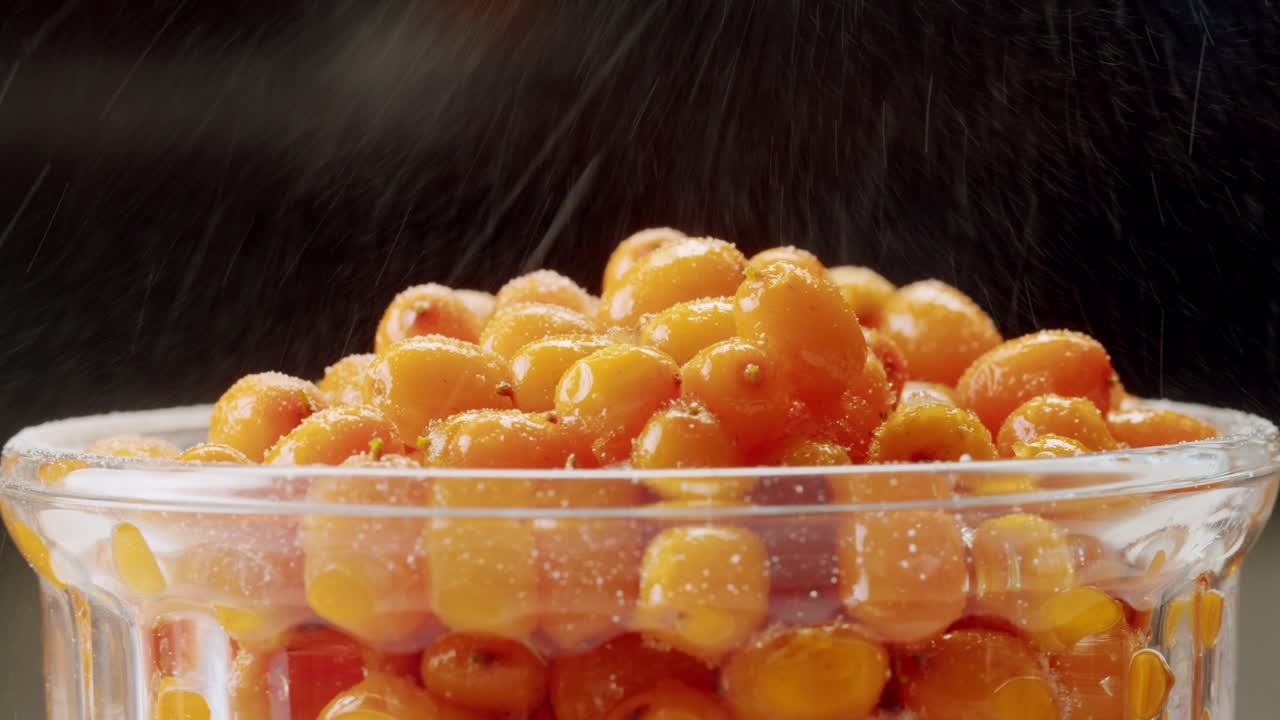 해바라기 건강한 베리 차 음료, 유리 항아리 및 잎을 가진 가지에 얼어붙은 익은 베리 어두운 나무 농촌 배경에  뷰, 피부, 심장, 혈관 및 면역 체계에 훌륭합니다.