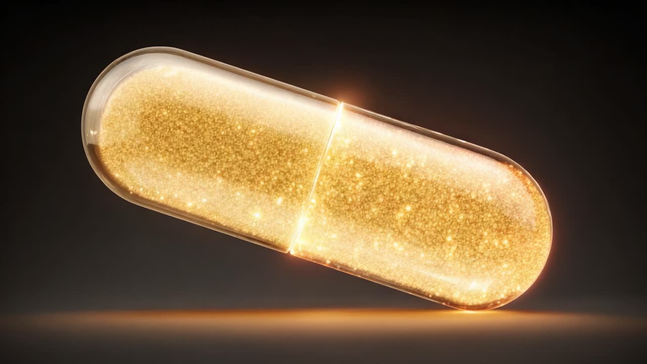 Una splendida capsula dorata illuminata da particelle scintillanti: uno sguardo al mondo dei nutrienti magici per la salute e il benessere.