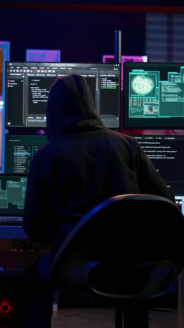 Hacker med bærbar computer ankommer i hemmelighed til en base, klar til at programmere virusser i en vertikal video