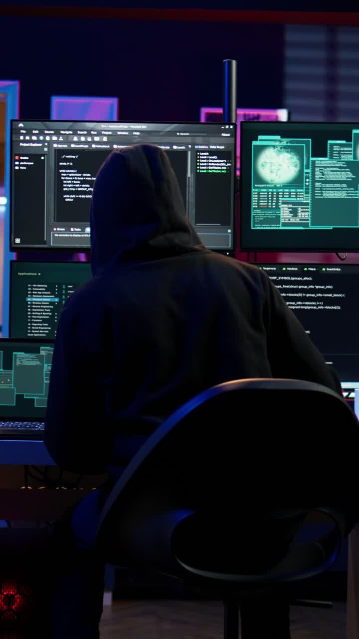 Video verticale: hacker che arriva in una base segreta con un portatile, pronto per iniziare a programmare virus
