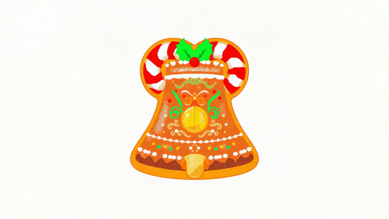 Starting rotation, gingerbread bell rotating on white backdrop, revealing orange rim and clapper