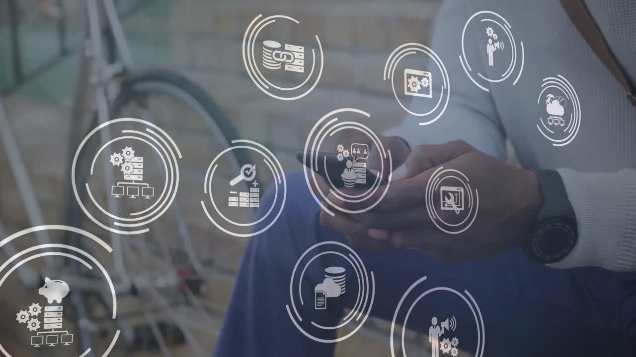 animación de iconos digitales sobre un hombre afroamericano usando un teléfono inteligente en la ciudad