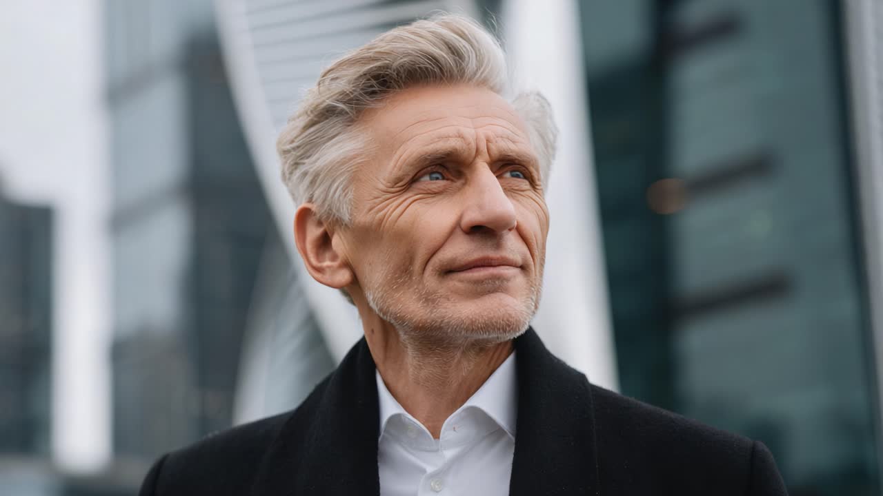 A Distinguished Older Man Reflects Thoughtfully Against a Modern Urban Backdrop, Exuding Wisdom and Grace in a Sophisticated Attire