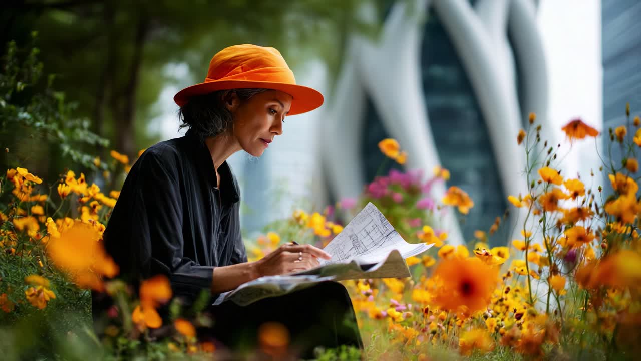 A woman in an orange hat sits amidst vibrant flowers while intently studying a map, surrounded by nature and modern architecture in the background, illustrating a blend of creativity and exploration