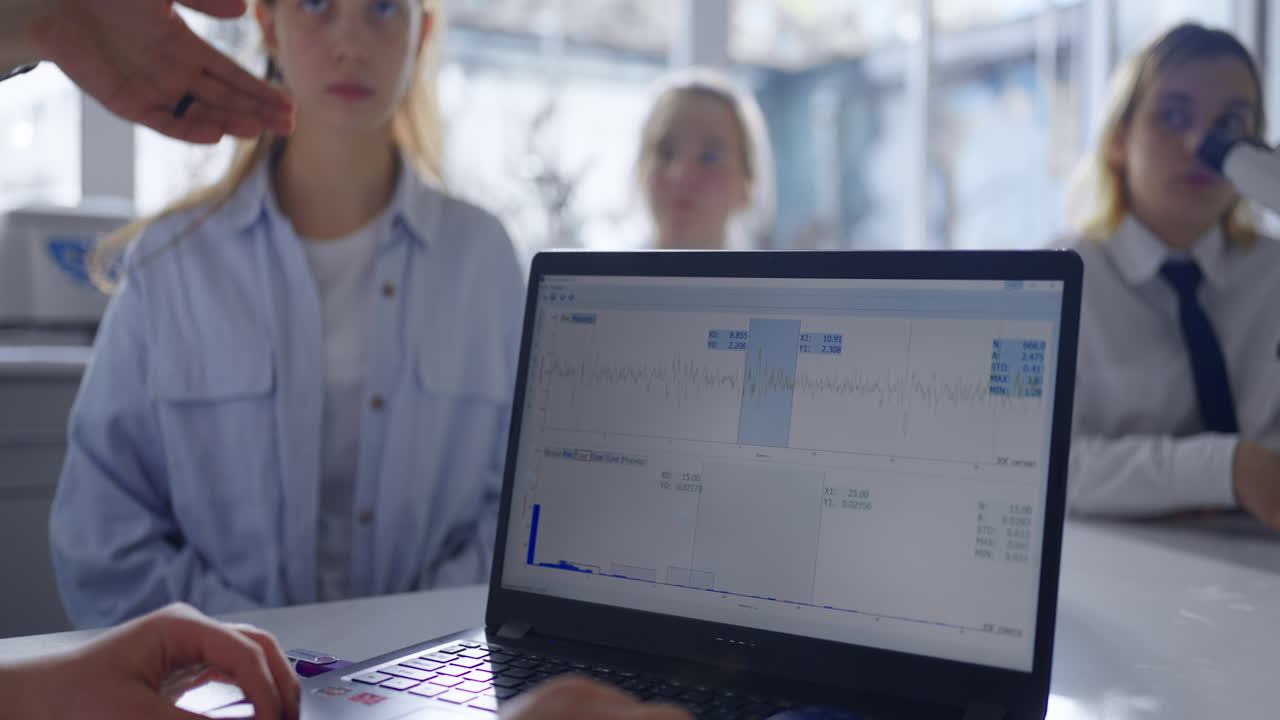 estudiantes en un laboratorio de ciencias aprendiendo sobre el análisis de datos