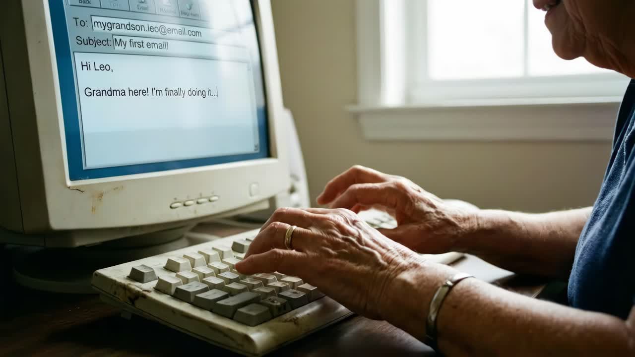 Elderly Person Typing Email on Old Computer