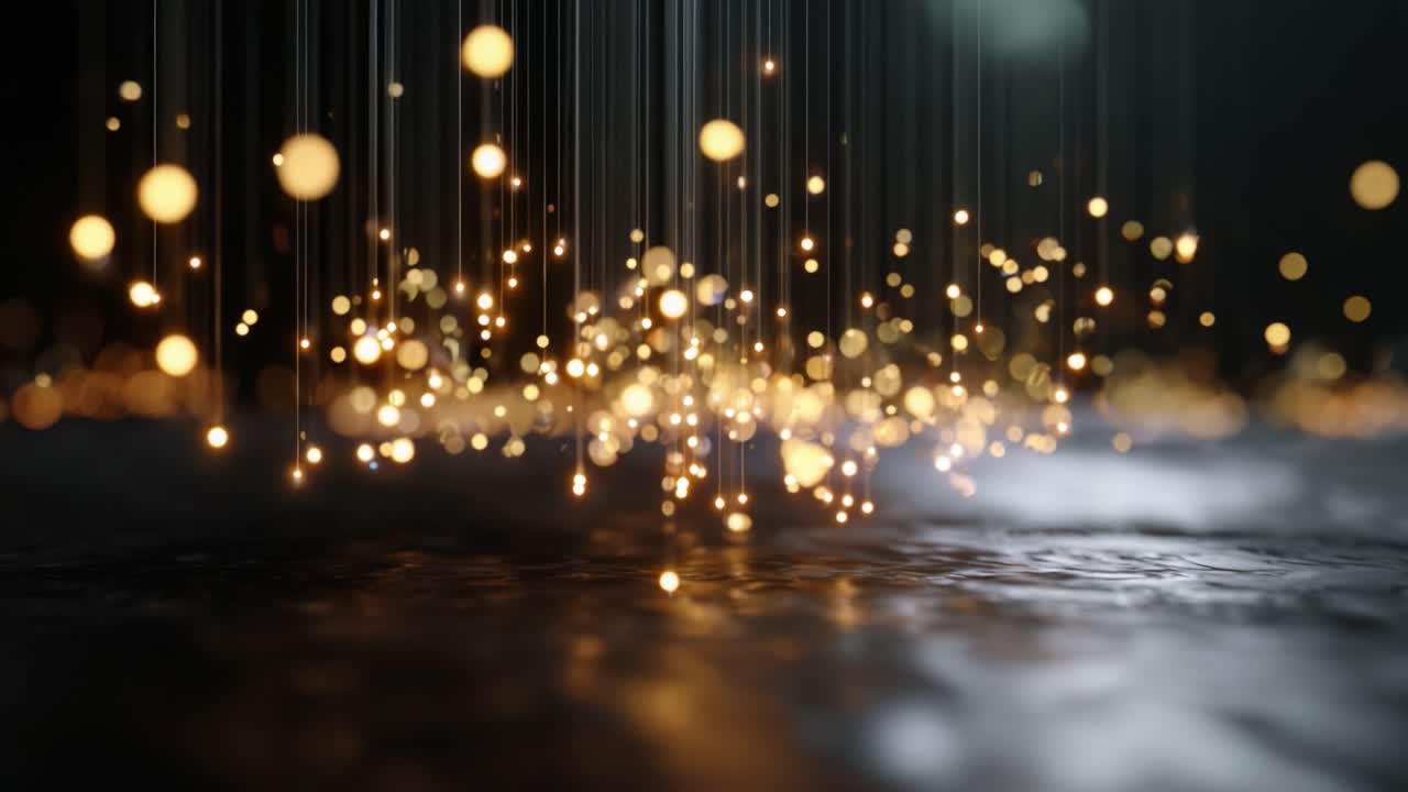 Particelle di luce ipnotiche che cadono a cascata in un ambiente buio, creando un'atmosfera onirica con una luce soffusa che si riflette sulla superficie dell'acqua