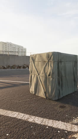 a large canvas-covered military crate sits on a concrete surface