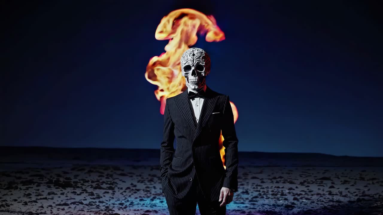 A Man in a Suit with a Skull Mask and Colorful Smoke
