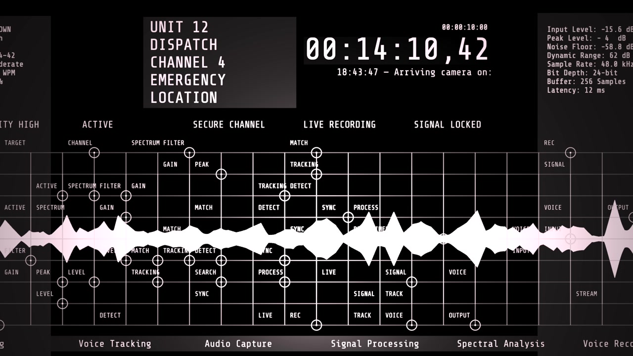 A digital radio dispatch console interface displaying channel details, tracking emergency locations, and monitoring officer status for police and security industry media.