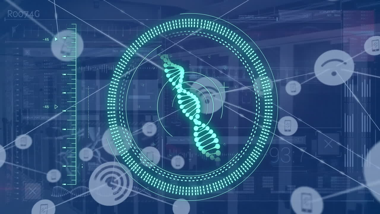 Animation of dna strand and digital data processing over computer servers