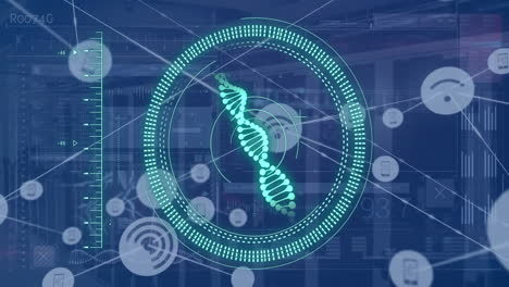 Animation-of-dna-strand-and-digital-data-processing-over-computer-servers