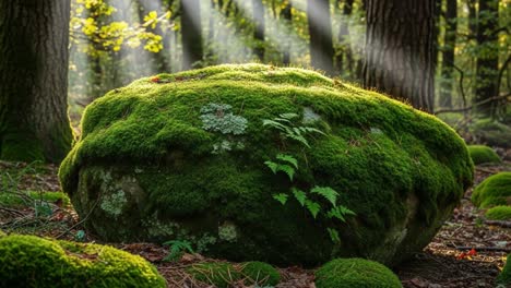 a tranquil forest scene: sunlight filtering through trees illuminates a moss-covered rock in its natural habitat, highlighting the beauty of nature's landscape